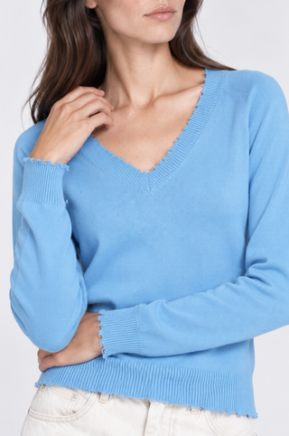Cotton Cashmere Frayed Edge V Neck