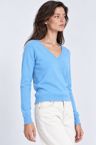 Cotton Cashmere Frayed Edge V Neck