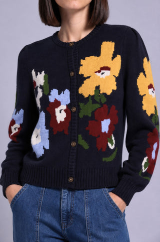 Floral Intarsia Crew Neck Cardigan