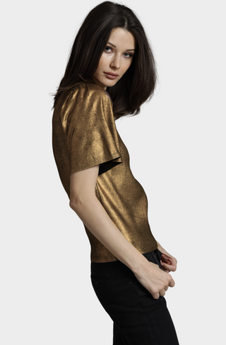 Viscose Metallic Print Flared Short Sleeve Top