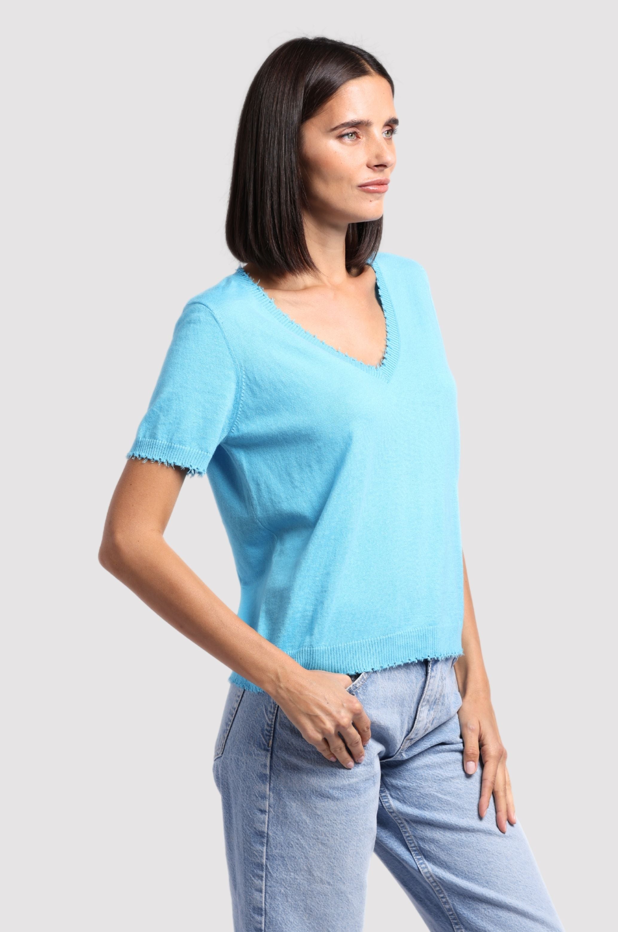 Cotton Cashmere Frayed V Tee