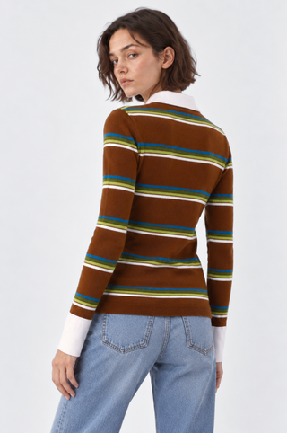Cotton Cashmere Striped Long Sleeve Collared Polo