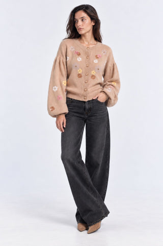 Balloon Crew Neck Cardigan with Floral Embroidery