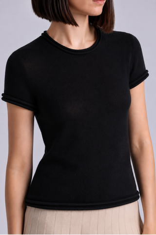 Sheer Luxury Cashmere Short Sleeve Tee with Rolled Trims