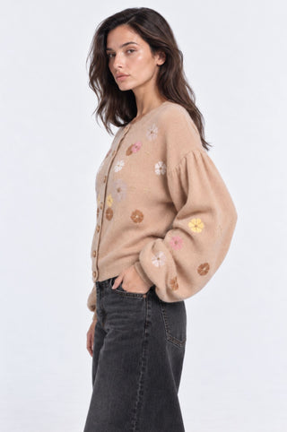 Balloon Crew Neck Cardigan with Floral Embroidery