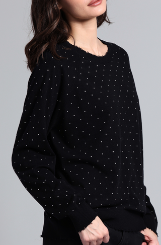 Cotton Cashmere Relaxed Frayed Edge Crew with Studs