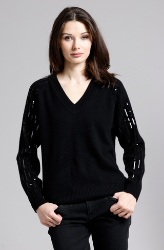 Cashmere V-Neck with Sequined Sleeves