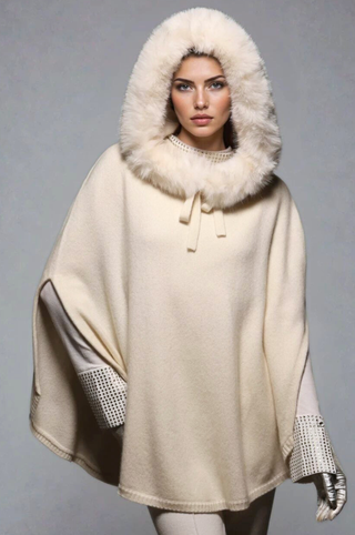 Luxe Cashmere Poncho with Fur Hooded Trim
