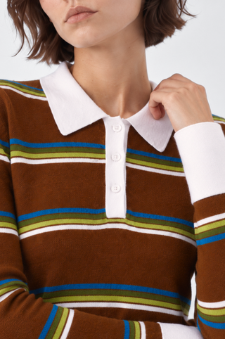 Cotton Cashmere Striped Long Sleeve Collared Polo