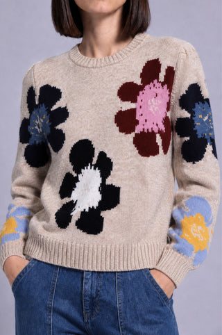 Marled Flower Pleated Crew Neck