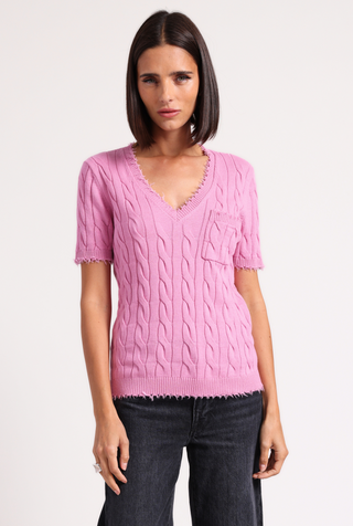 Cotton Frayed Cable V Neck Tee with Pocket