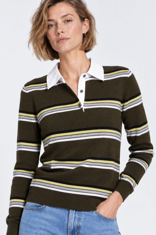 Striped Long Sleeve Polo in Cotton Cashmere