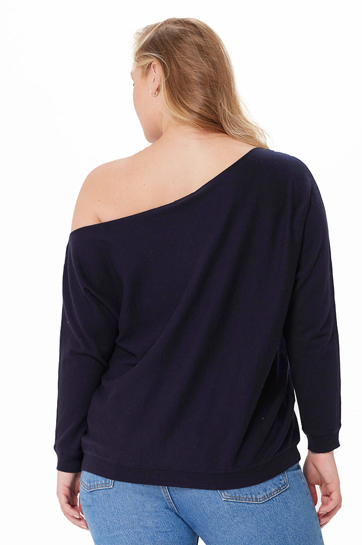 Plus Size Cashmere Off the Shoulder Sweater- navy