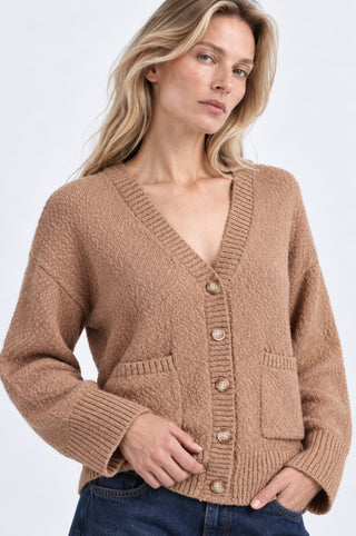 Cotton Boucle V Neck Cardigan