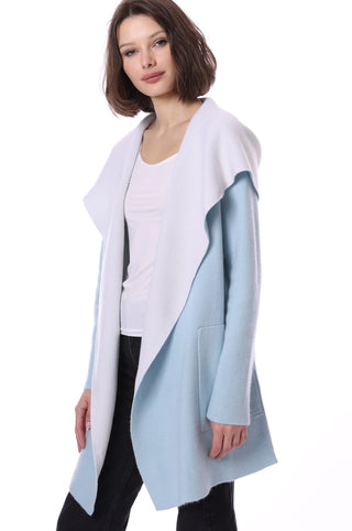 Cashmere Hooded Reversible Coat- Baby Blue/White