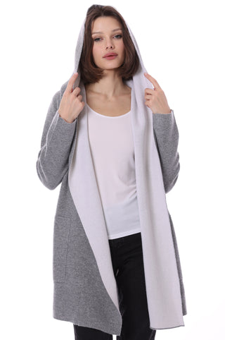 Cashmere Hooded Reversible Coat- Silver Grey/White