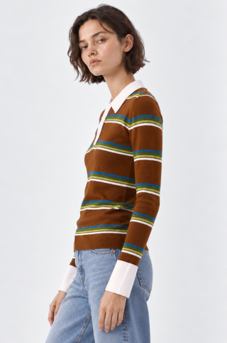 Cotton Cashmere Striped Long Sleeve Collared Polo