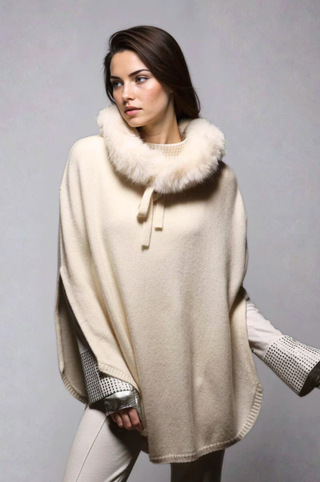 Luxe Cashmere Poncho with Fur Hooded Trim