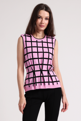 Viscose Windowpane Pleated Sleeveless Top