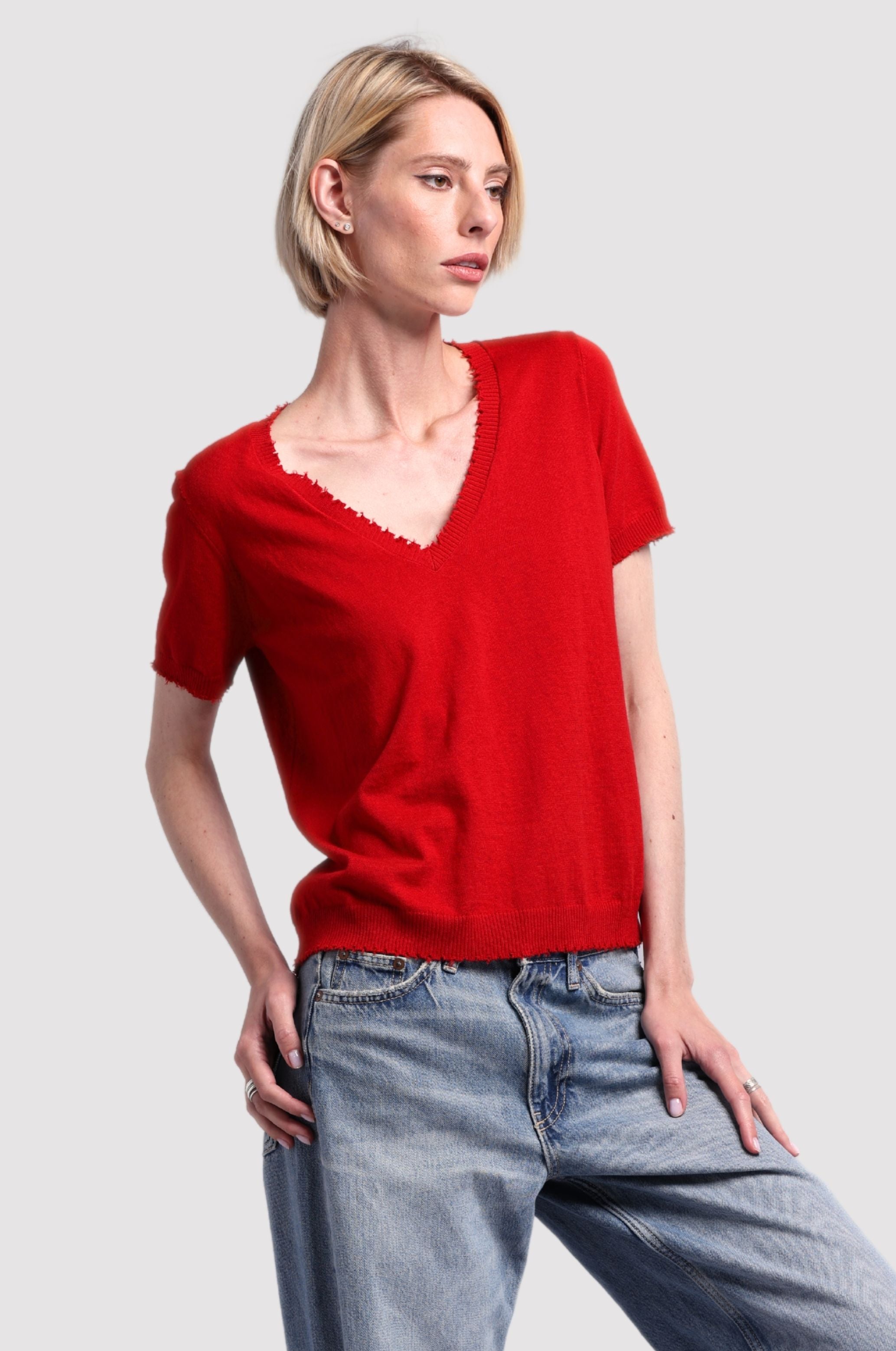 Cotton Cashmere Frayed V Tee