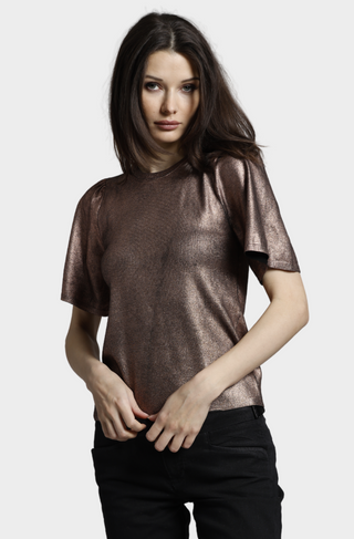 Viscose Metallic Print Flared Short Sleeve Top