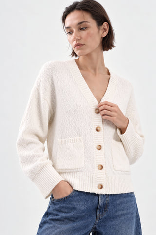Cotton Boucle V Neck Cardigan