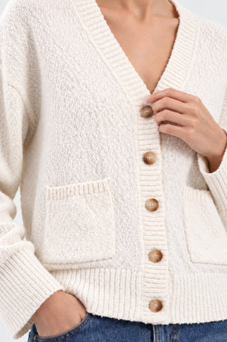 Cotton Boucle V Neck Cardigan