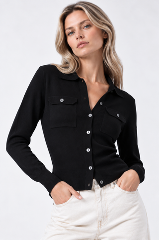 Button Down High Ribbed Polo with Pockets