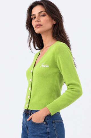 Cotton Cashmere "Nana" Embroidered V Neck Cardigan