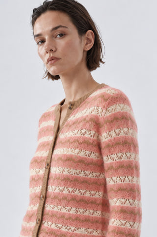 Striped Pointelle Cropped Long Sleeve Puff Cardigan