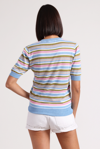 Supima Cotton Cashmere Short Sleeve Multi Stripe V Neck