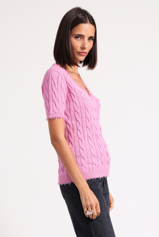 Cotton Frayed Cable V Neck Tee with Pocket