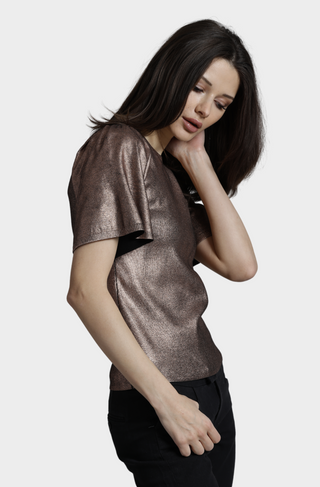 Viscose Metallic Print Flared Short Sleeve Top