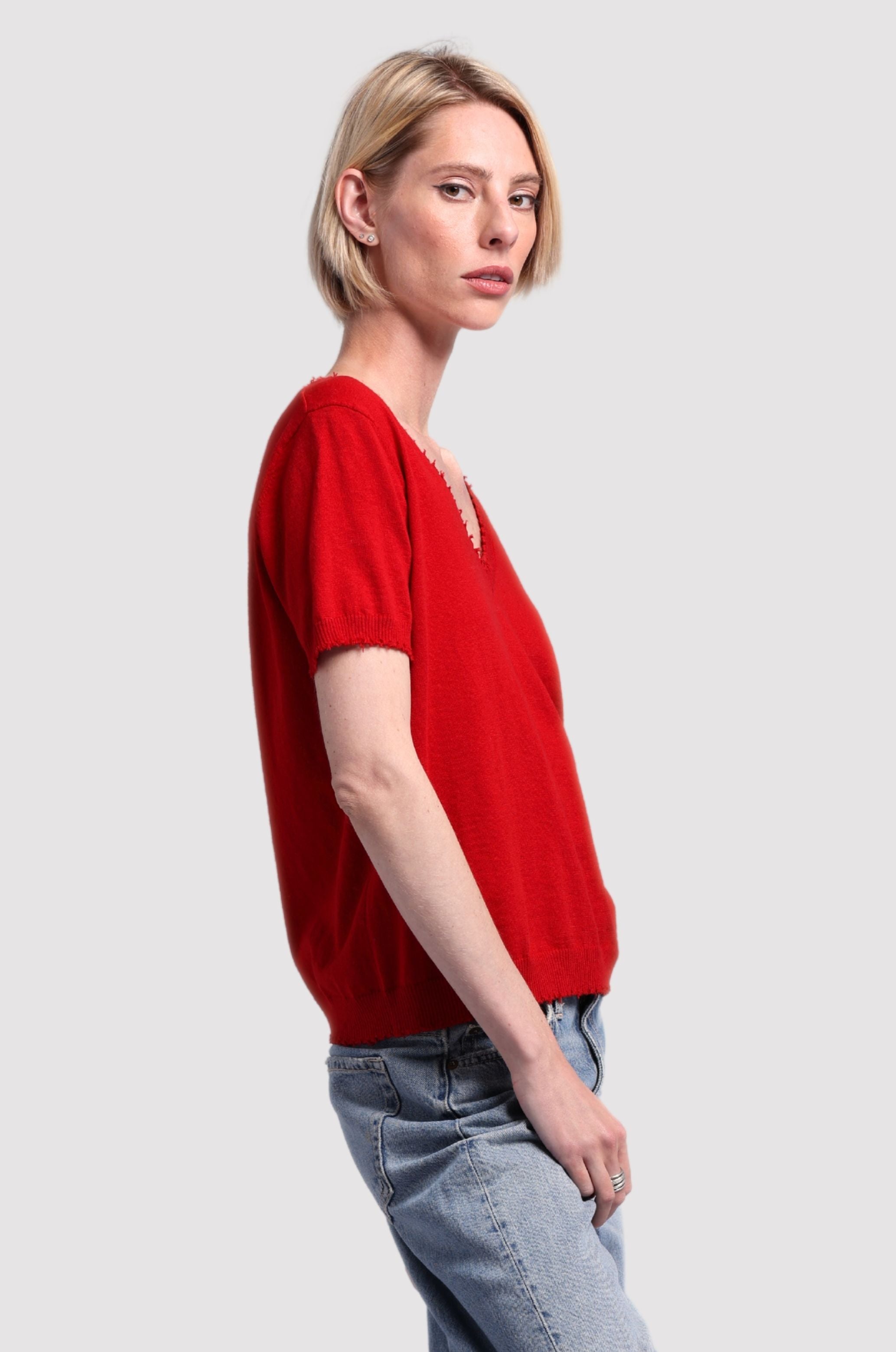 Cotton Cashmere Frayed V Tee
