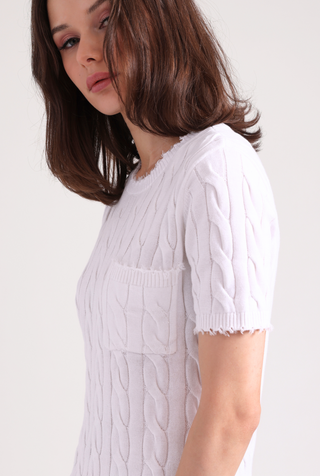 Cotton Frayed Cable Short Sleeve Tee with Pocket