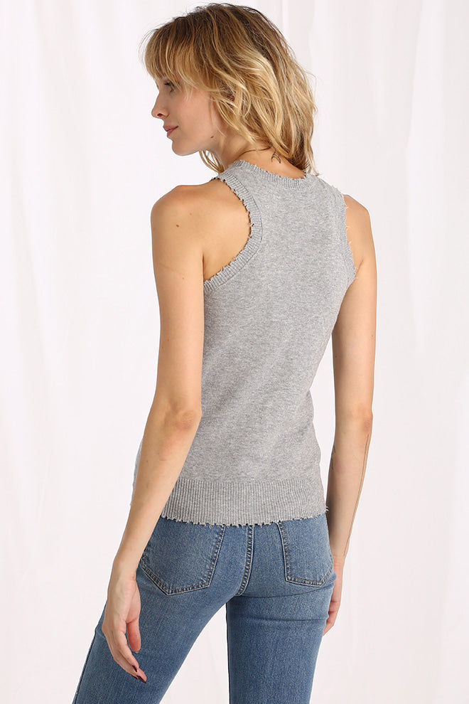 Cotton Cashmere Frayed Tank - Light Heather Grey