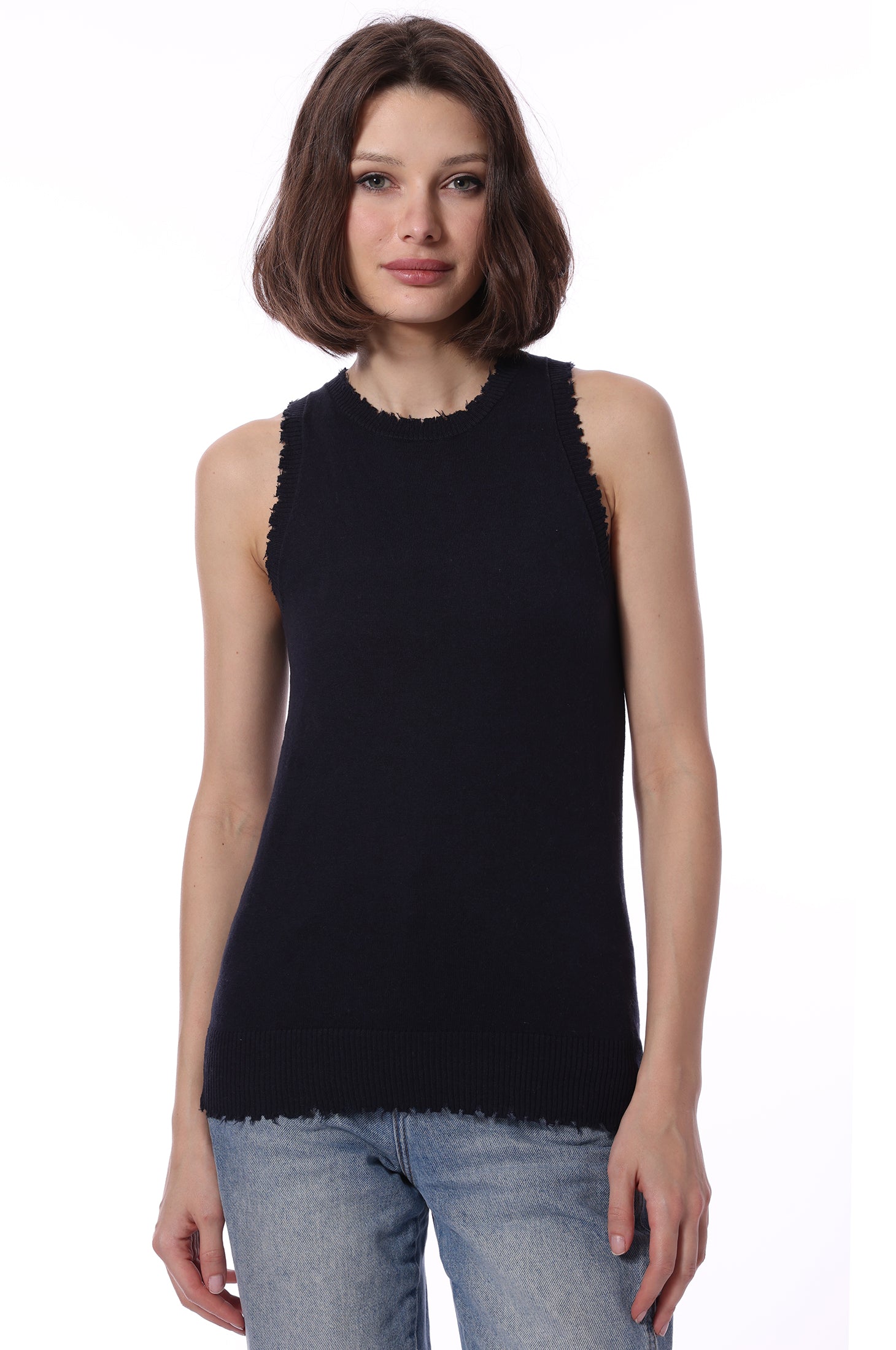 Cotton Cashmere Frayed Tank - Navy