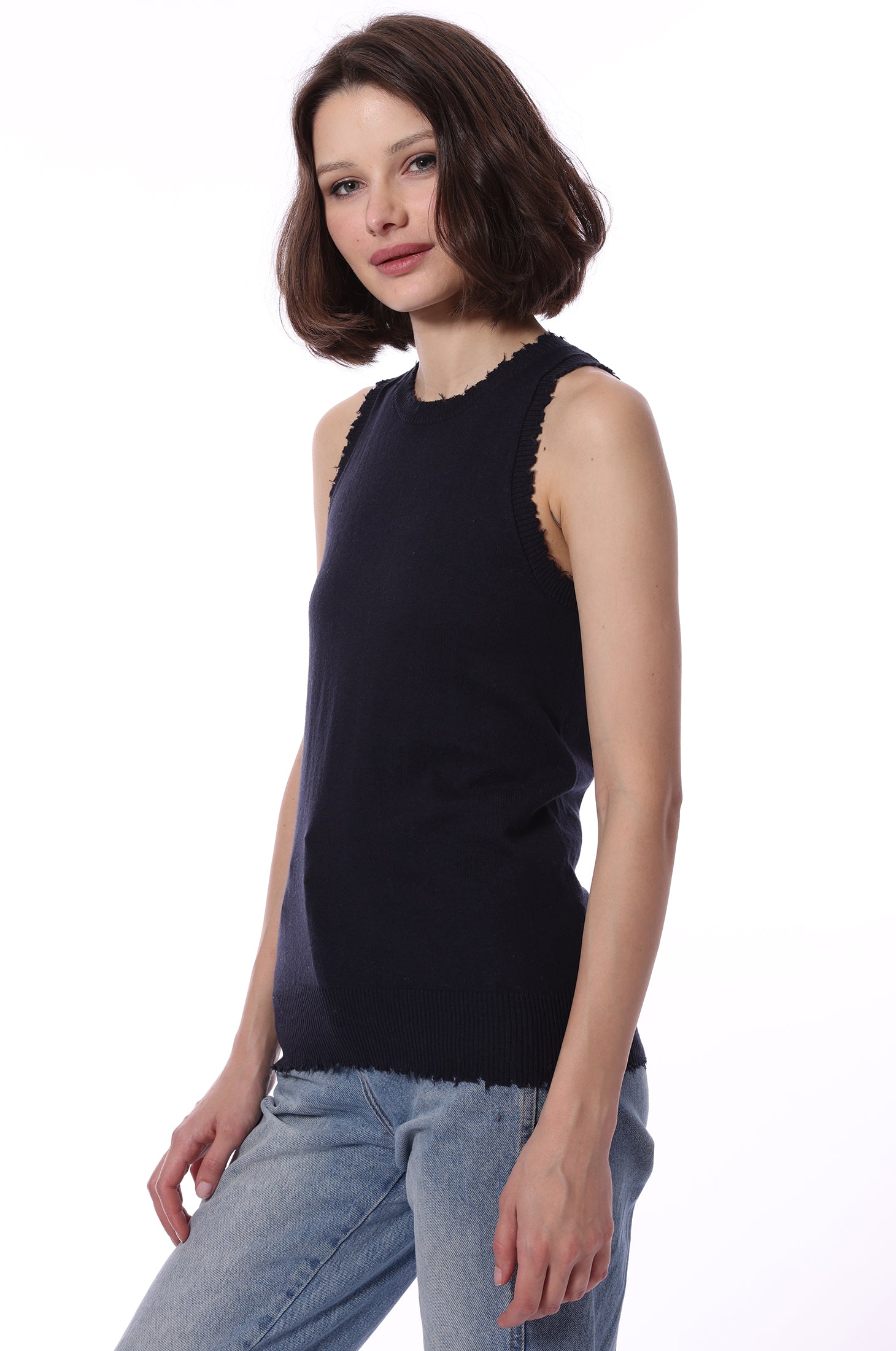 Cotton Cashmere Frayed Tank - Navy