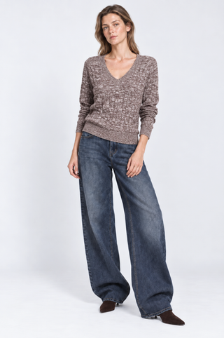 Cotton Cable Marled V Neck
