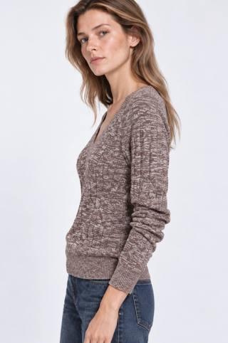 Cotton Cable Marled V Neck