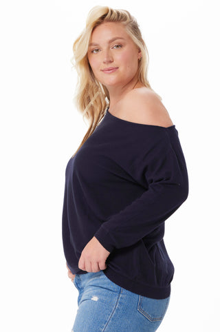 Plus Size Cotton Cashmere Off The Shoulder Sweater - navy