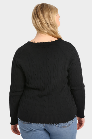 Cotton Cable Plus Long Sleeve V Neck with Frayed Edge