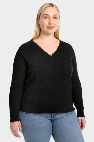 Cotton Cable Plus Long Sleeve V Neck with Frayed Edge