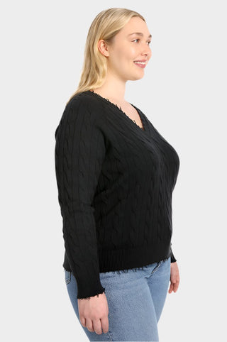 Cotton Cable Plus Long Sleeve V Neck with Frayed Edge