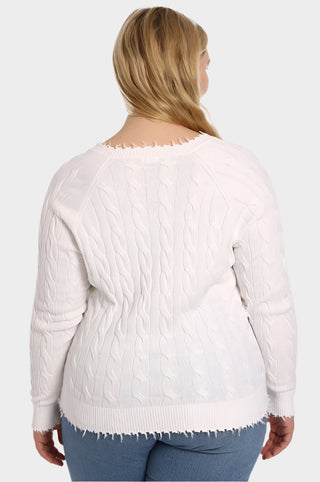 Cotton Cable Plus Long Sleeve V Neck with Frayed Edge
