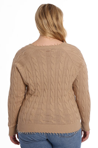 Cotton Cable Plus Long Sleeve V Neck with Frayed Edge