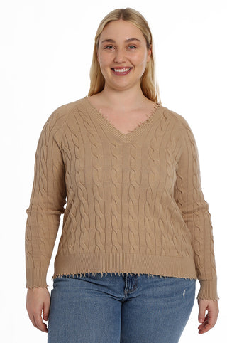Cotton Cable Plus Long Sleeve V Neck with Frayed Edge