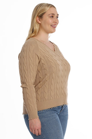 Cotton Cable Plus Long Sleeve V Neck with Frayed Edge