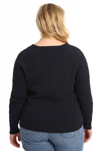 Cotton Cable Plus Long Sleeve V Neck with Frayed Edge