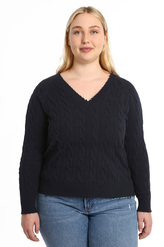 Cotton Cable Plus Long Sleeve V Neck with Frayed Edge